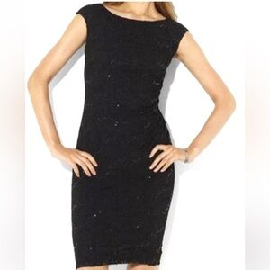 NWT Lauren Ralph Lauren Dress Black Lace W/Sequins Cap Sleeve,Side Gathered SZ 6